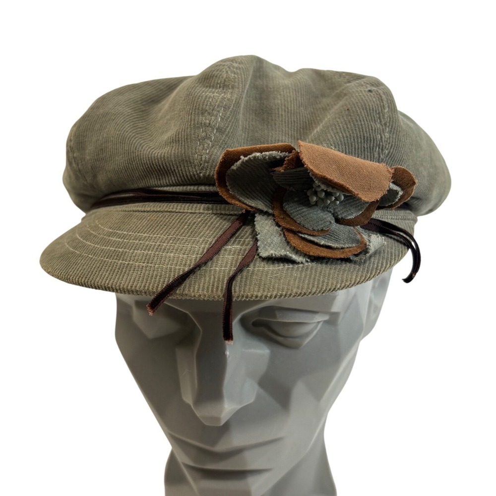 Steve Madden Vintage Y2K Olive Green Corduroy Newsboy Cap Hat with Flower Brooch